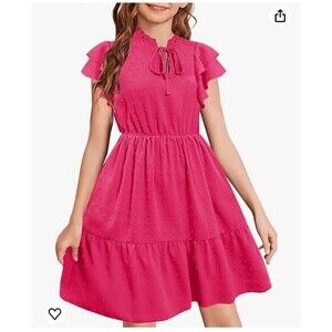 MITILLY Girls Dress Size S Pink 6 Year Boho Swiss Dot Ruffle Tie Neck Flutter